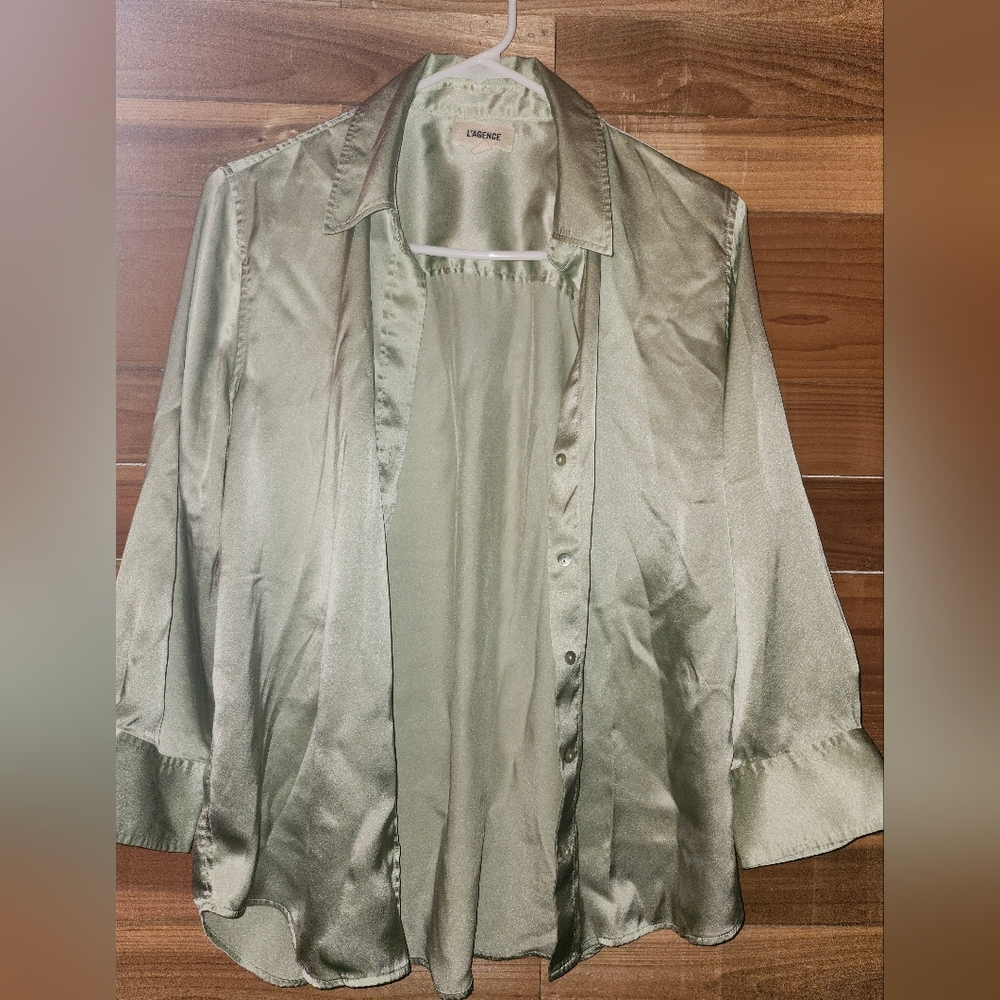 L'AGENCE Green Satin Blouse Size M